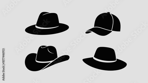 a simple presentation of various hat silhouettes against a light grey background showcasing different styles and designs high quality professional detailed modern elegant stylish clean crisp