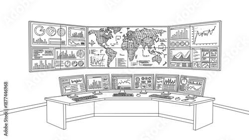 Linear control room with global data screens