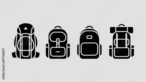 a collection of four distinct black backpack icons displayed in a horizontal line against a plain light gray background simplistic design high quality professional detailed modern