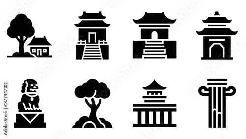 Silhouette icons of asian temples and landmarks in bold black set