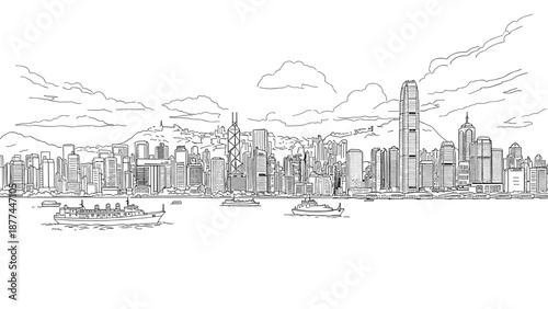 Cityscape of hong kong skyline with boats and skyscrapers in detailed line art illustration