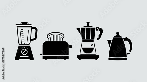 a simple illustration showcases a collection of common kitchen appliances including a blender toaster moka pot and a classic whistling kettle high quality professional detailed modern