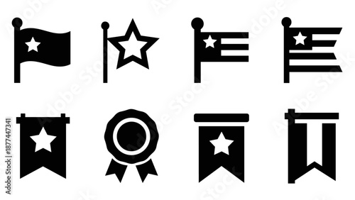 Icon set of flag and badge symbols in black and white silhouette style