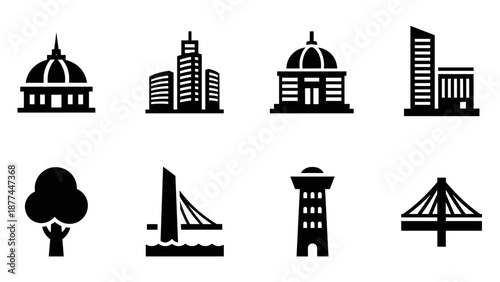 Silhouette icons of urban buildings and landmarks: modern and classic architecture