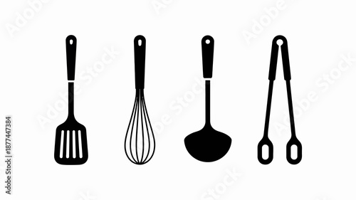 a minimalistic illustration depicts four black kitchen utensils aligned horizontally including a spatula whisk ladle and tongs on a white background high quality professional detailed modern