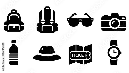 Essential travel icons set: backpack, sunglasses, camera, and more