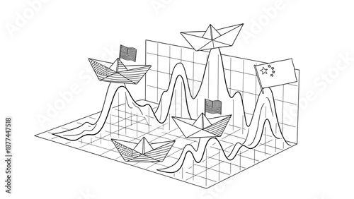 Geopolitical trends with origami paper boats and flags