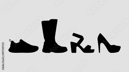 a minimalist presentation showcasing a collection of diverse shoe silhouettes in stark black against a neutral gray background high quality professional detailed modern elegant stylish clean