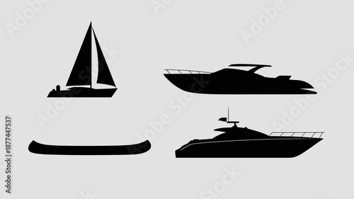 a minimalist illustration depicts four different types of watercraft a sailboat a motor yacht a canoe and a cabin cruiser high quality professional detailed modern elegant
