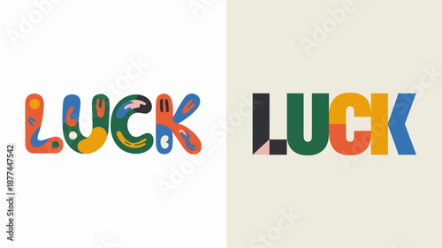 A split screen displays the word luck twice showcasing vibrant and playful typographic designs with different color schemes and letter styles high quality professional detailed modern