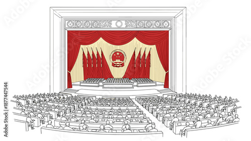 Detailed audience perspective of a grand government assembly hall with red curtains