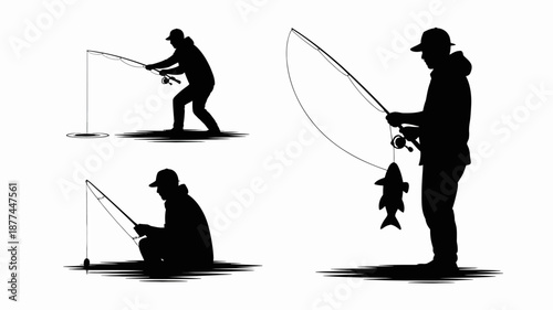 silhouette illustrations depict various fishing scenes with individuals casting lines reeling in catches and enjoying peaceful moments by the water high quality professional detailed modern elegant
