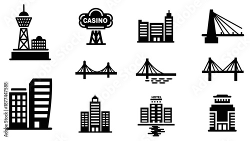 City icons collection: landmarks, hotels, and bridges in silhouette style