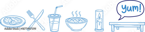 Set of blue hand drawn food and dining vector icons on transparent