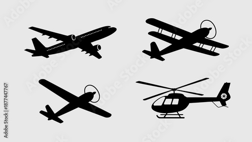 a collection of four simple black silhouette icons depicting various types of aircraft including airplanes and a helicopter against a white background high quality professional detailed