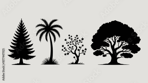 A simple illustration depicts four distinct tree silhouettes against a plain white background showcasing varying foliage and forms high quality professional detailed modern elegant stylish clean