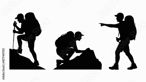 a silhouetted depiction of a group of four hikers traversing mountainous terrain showcasing diverse poses and equipment for outdoor adventures high quality professional detailed modern elegant