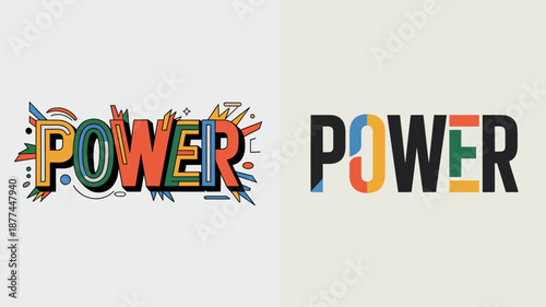 this image displays the word power twice once in a colorful illustrated style and once in a bold simplified black and white design high quality professional