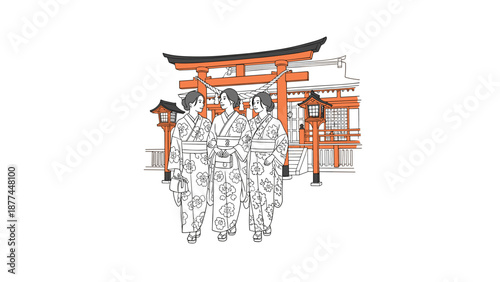 Fashionable trio: exploring tradition and style in front of an iconic japanese gate