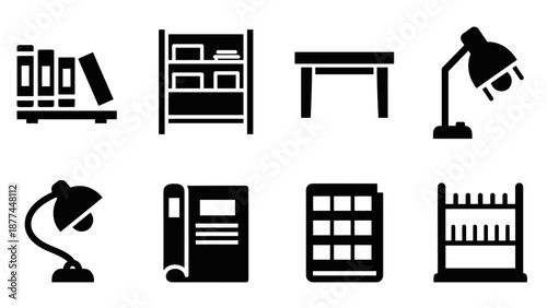 Minimalistic silhouette icons of home office furniture and accessories