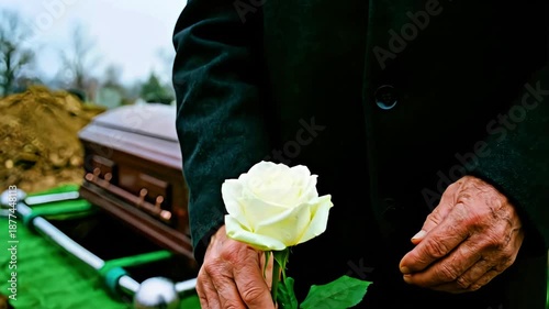 Somber close-up of an elderly person holding a single white rose near an open grave site during a solemn burial ceremony outdoors.