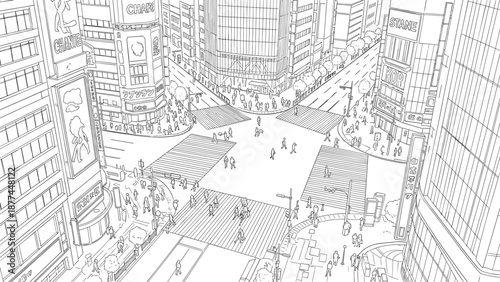 Busy urban intersection with pedestrians and skyscrapers in linear style