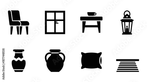 Home furniture and decor icons: modern silhouette set for interior design