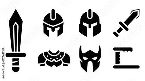 Silhouette icons of ancient gladiator helmets and swords