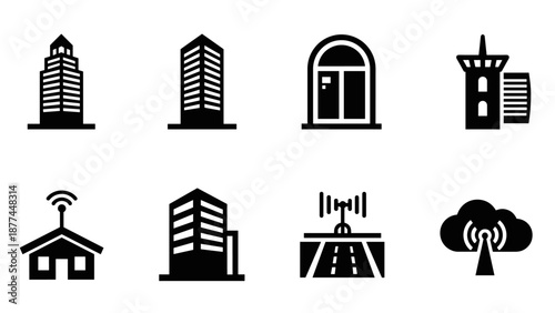 Urban building icon set featuring communication and infrastructure symbols