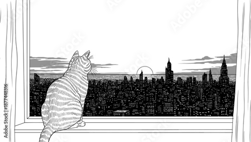 Cat silhouette watching urban skyline at sunrise from window in black and white concept art