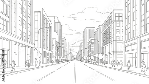 Urban street scene with skyscrapers and pedestrians in linear outline style
