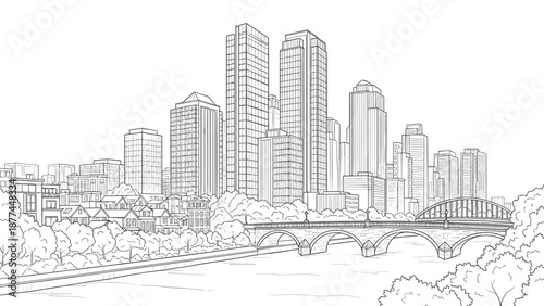 Detailed cityscape with skyscrapers and bridge line art