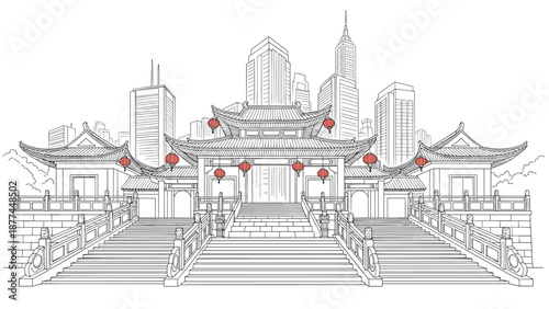 Traditional asian temple with modern city skyline in the background
