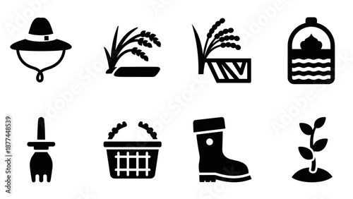 Agriculture icons: farming equipment, crops, and growth in bold silhouette style