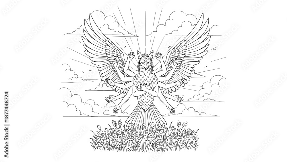 Fototapeta premium Mythical six-winged creature in linear style with radiant sky and floral background