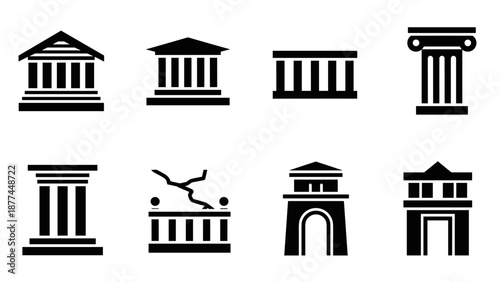 Classic architecture icons set: buildings and columns in minimal silhouette style
