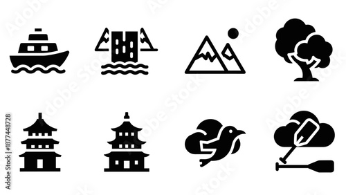 Minimalist icons of nautical, mountain, and asian architecture elements