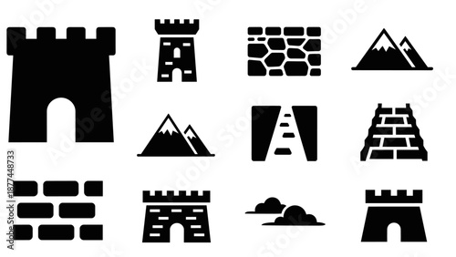 Black silhouette icon set of castles, mountains, roads, and walls