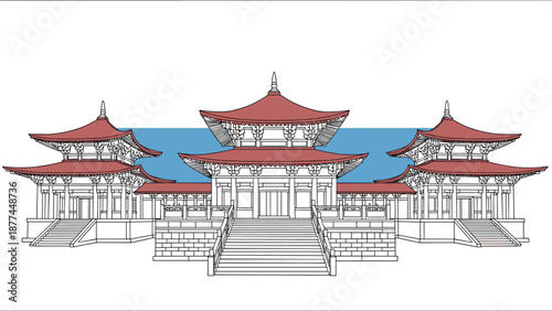 Traditional pagoda style architecture with symmetrical roof design and stairs