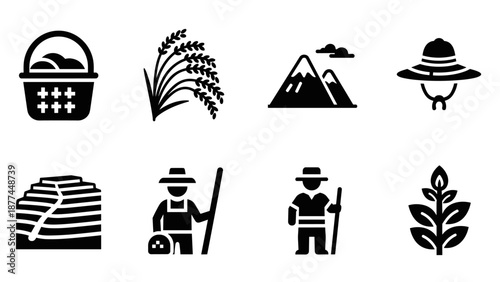 Silhouette icons of agriculture: farmers, crops, and natural landscapes