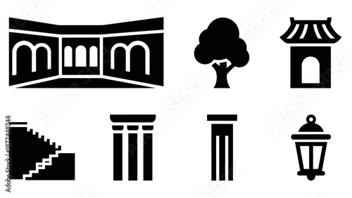 Cultural architecture icons: minimal black silhouette set featuring pillars, trees, and traditional structures