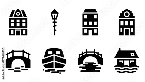 Minimalist cityscape icons: buildings, bridges, and boat silhouettes