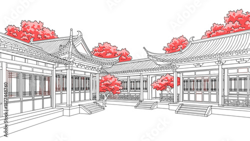 Traditional asian courtyard with red tree accents in linear art style