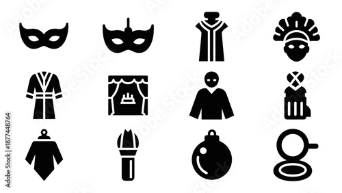 Set of theater and festival icons in flat black style