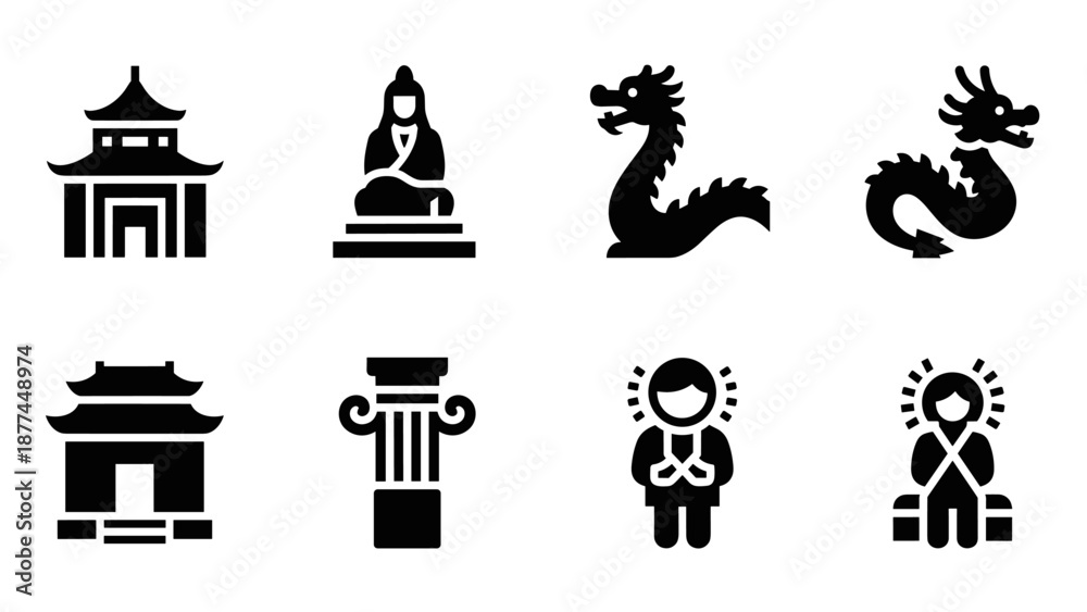 Obraz premium Silhouette icons of asian culture: temples, dragons, and monuments