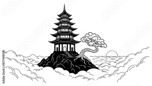 Serene pagoda on mountain with bonsai tree and sea in linear style