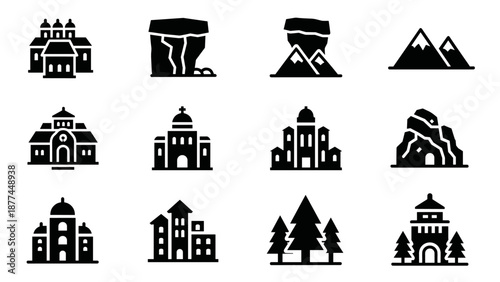 Black and white icon set of buildings and nature elements for seamless designs