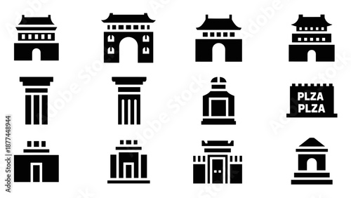 Icon set of architectural monuments and structures in simple silhouette style