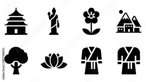 Minimalist icons of asian culture: temples, zen gardens, and traditional garb in silhouette style