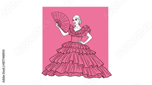 Elegant woman in ruffled gown holding fan on vibrant pink background